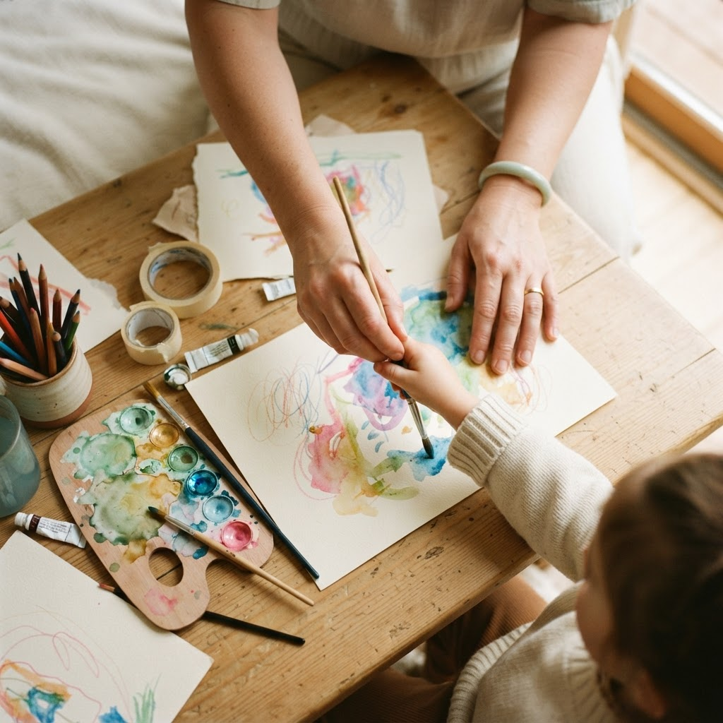 Sessão de arteterapia com materiais coloridos, representando o cuidado individualizado da clínica
