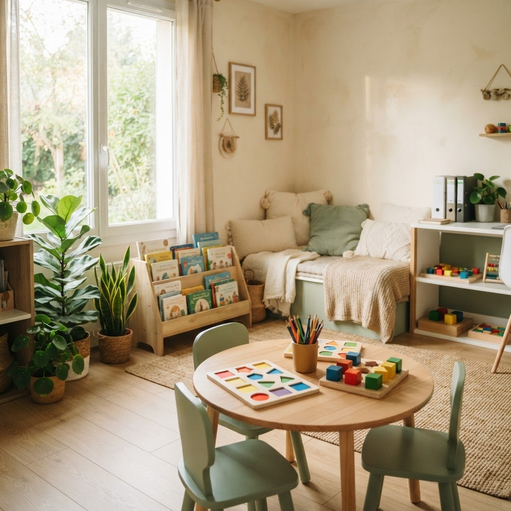 Espaço de atendimento acolhedor da clínica, com materiais pedagógicos e luz natural